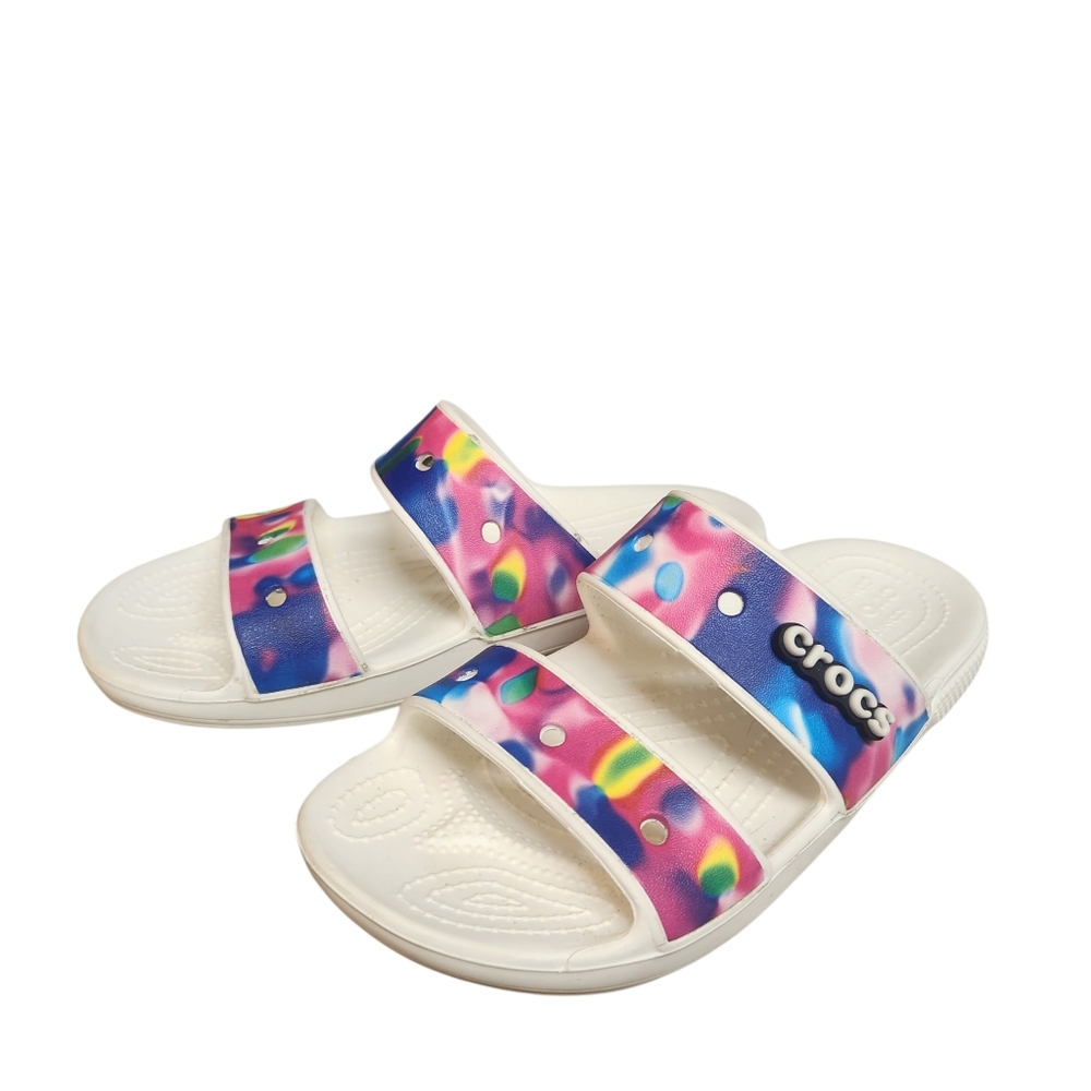 CROCS Iconic Comfort White Slides with Rainbow Tie-Dye Straps M5 W7